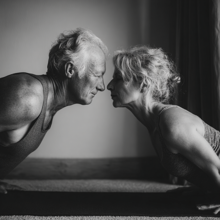 Група людей поважного віку займається йогою в парку