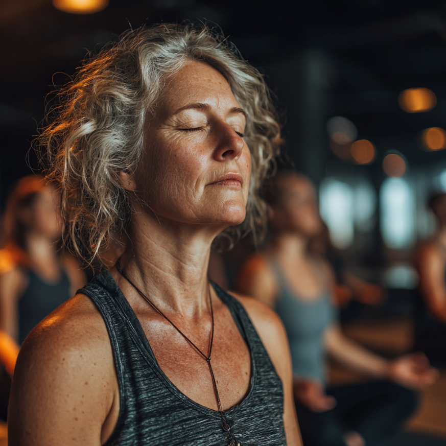 Пожила жінка виконує йогу на природі