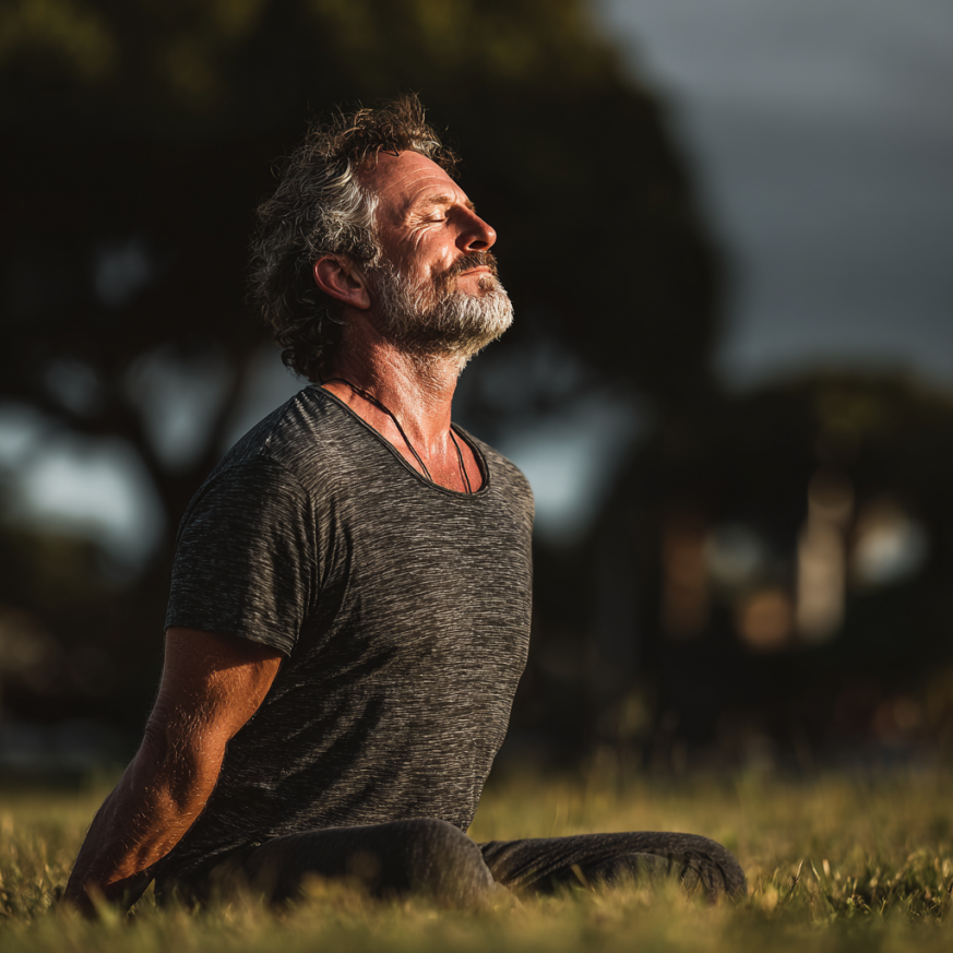 Група людей поважного віку займається йогою в залі